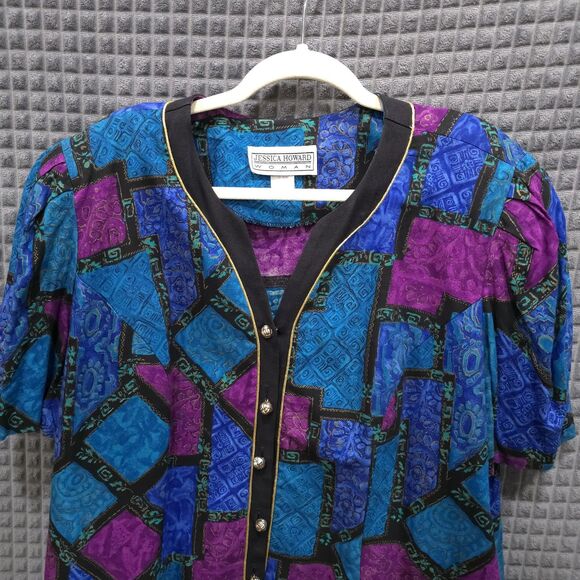 VTG 80s Colorful Blue Blouse Sz22 Glam Gold Buttons Statement Shoulder Pads 90s - Picture 3 of 16